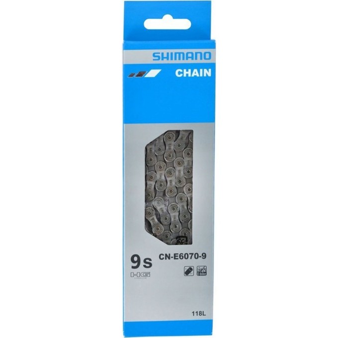 Цепь SHIMANO E6070, для 9 скоростей сзади/1 скорость, спереди, 118 звеньев, для электровелосипедов, с ампульным пином (1шт.) ICNE60709118I Цепь SHIMANO E6070, для 9 скоростей сзади/1 скорость, спереди, 118 звеньев, для электровелосипедов, с ампульным пином (1шт.) ICNE60709118I
